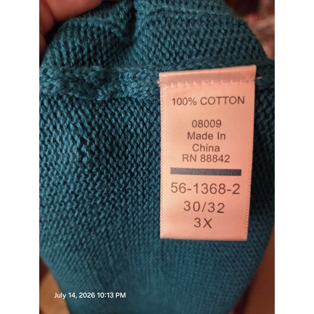 Woman Within Women's 3X Teal Cable Knit Mock Neck 1/4 Zip Cotton Sweater - Picture 4 of 4